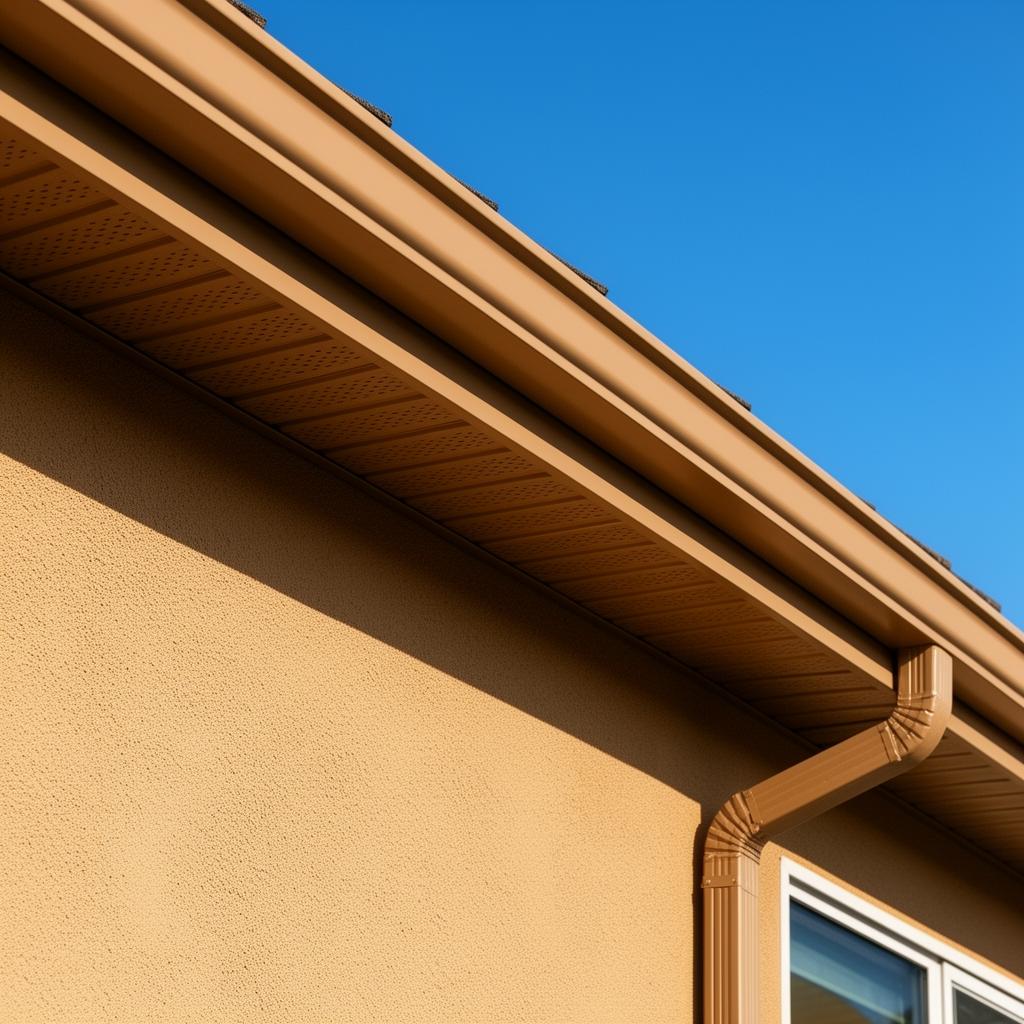 Stucco home with clay gutters on eaves