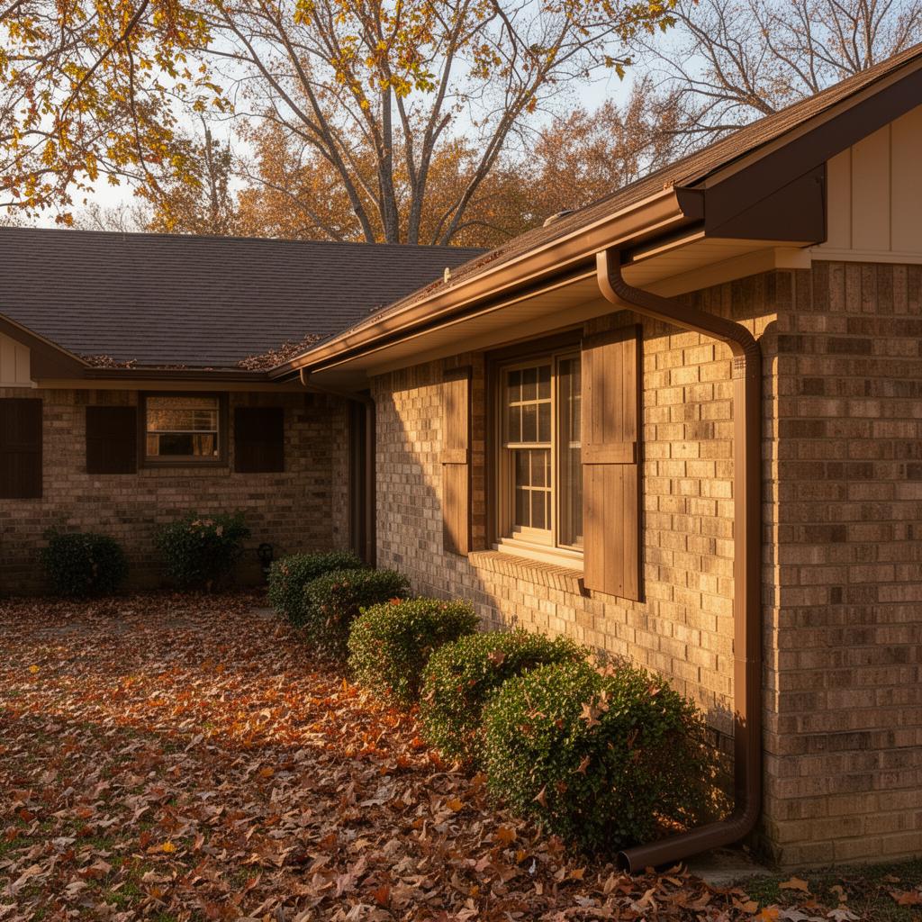 Ranch-style brick home with brown gutters